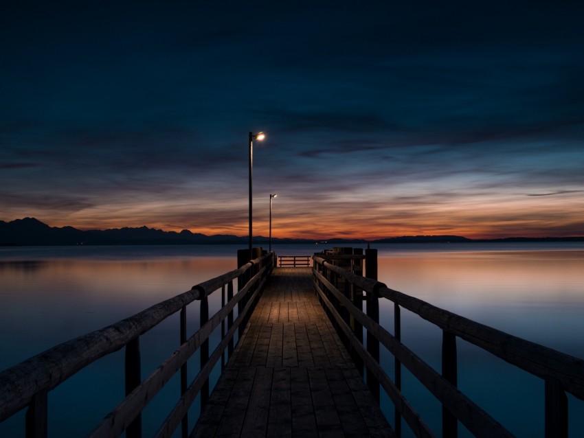 pier, water, lights, twilight, evening, wooden