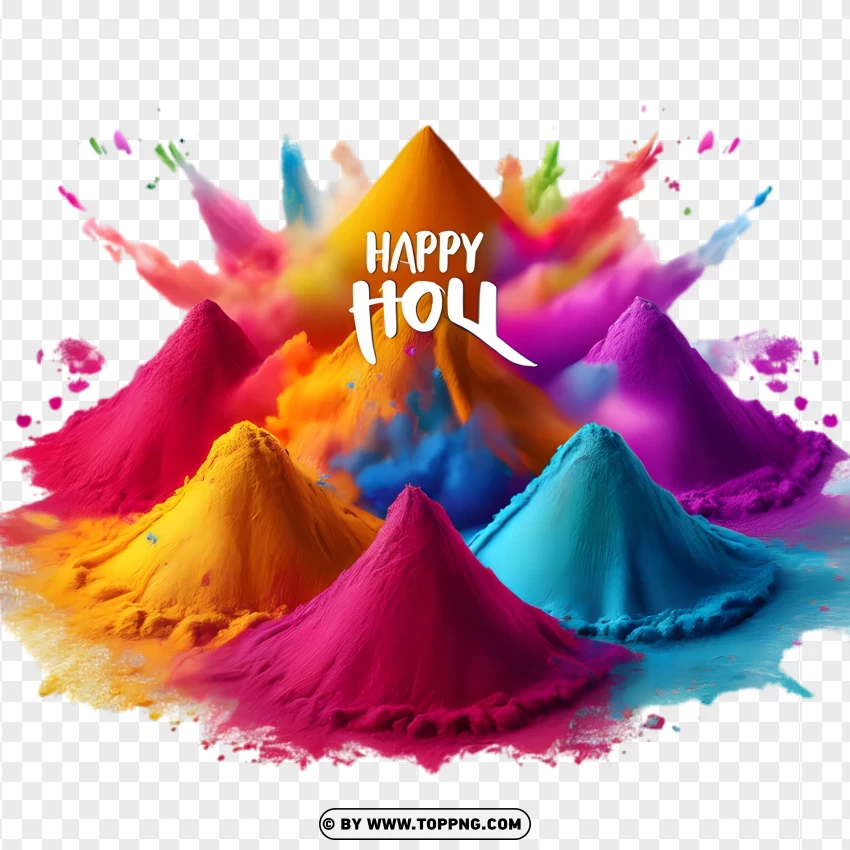 Piles Of Holi Powders With Happy Holi Text And Colorful Splashes PNG Transparent Background