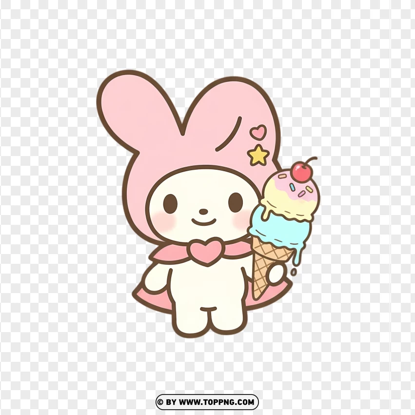 Pink bunny holding ice cream in cute pastel style