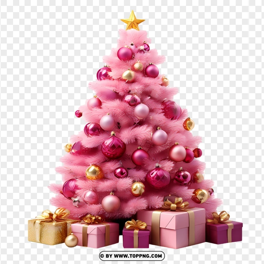 Pink Christmas Tree With Presents And Ornaments PNG Transparent Background