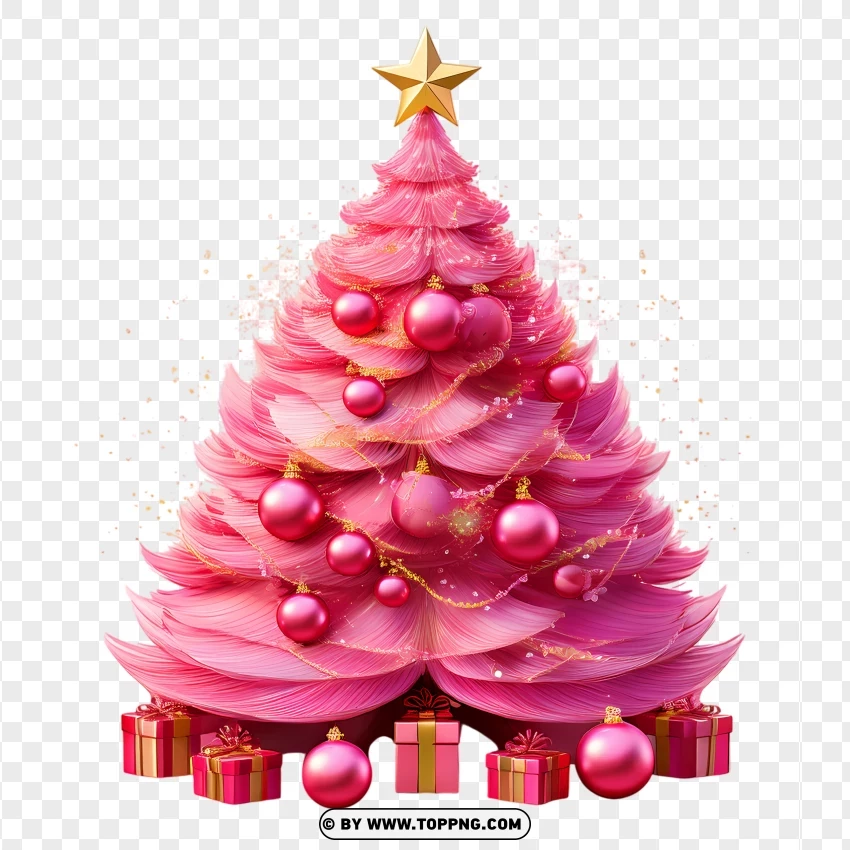 Pink Christmas Tree With Baubles And Gift Boxes PNG Transparent Background