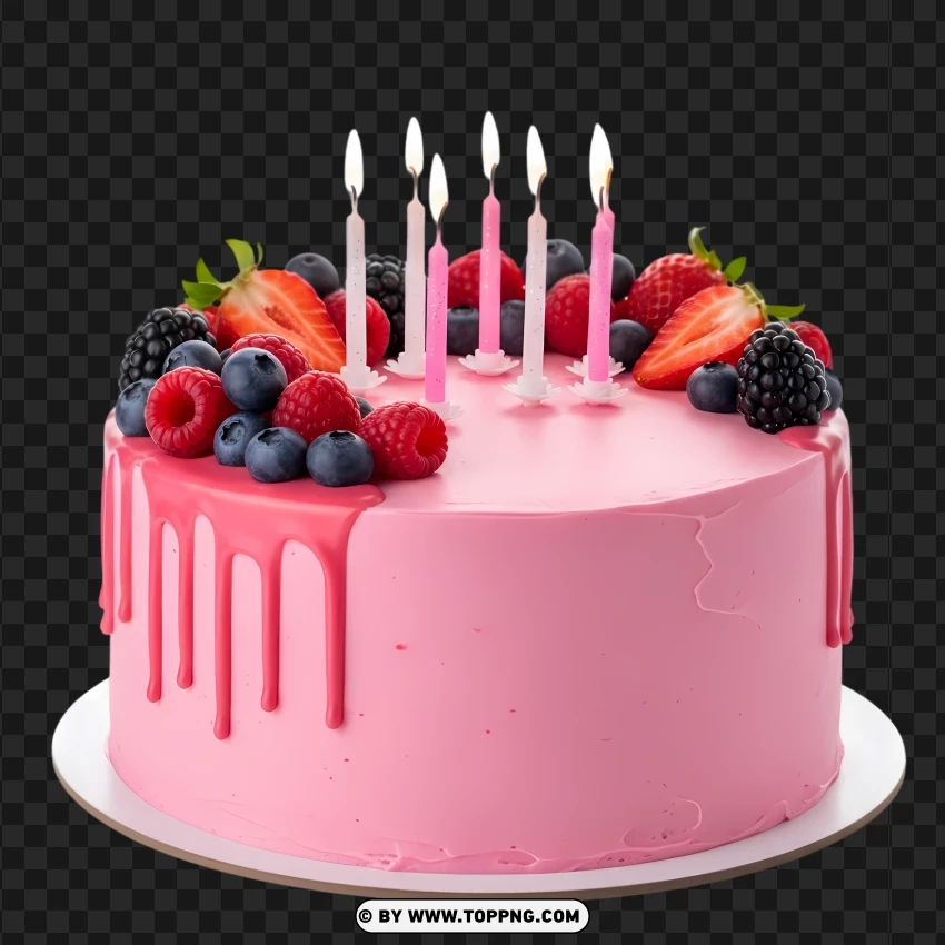 Pink Frosted Cake With Berries And Lit Birthday Candles PNG Transparent Background