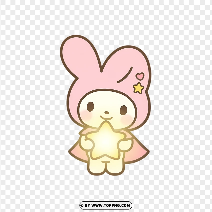 Bunny in pink hood holding glowing star in kawaii pastel style
