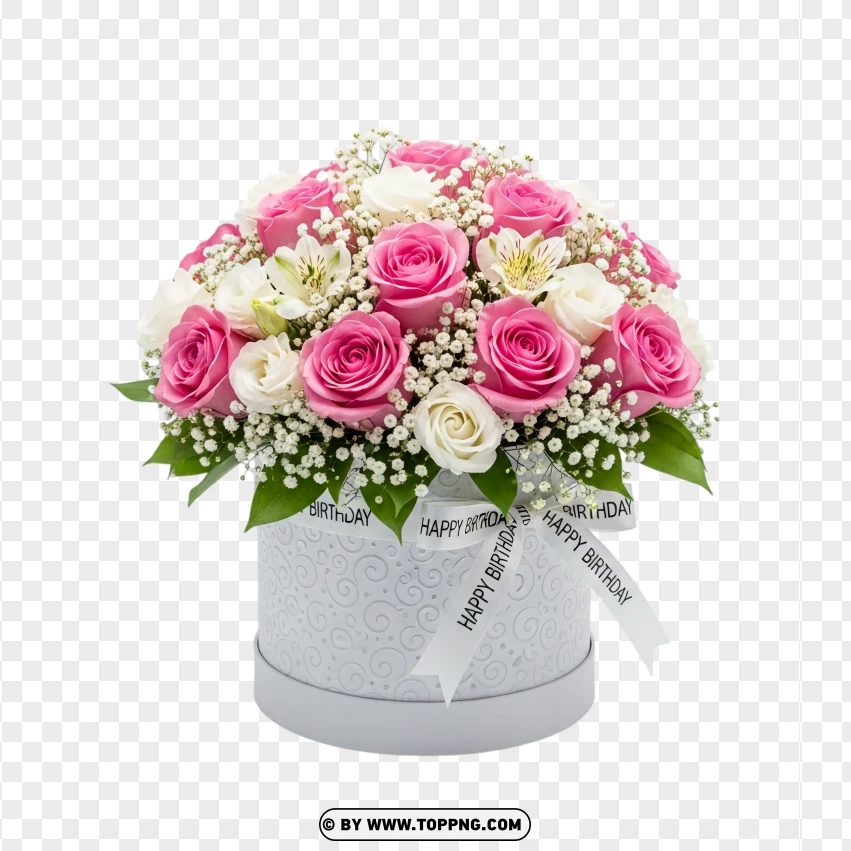 Pink Roses Birthday Bouquet In Round Box PNG Transparent Background