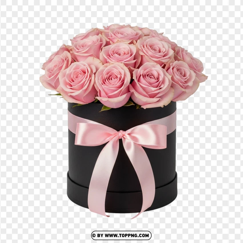 Pink Roses In Black Box With Ribbon PNG Transparent Background