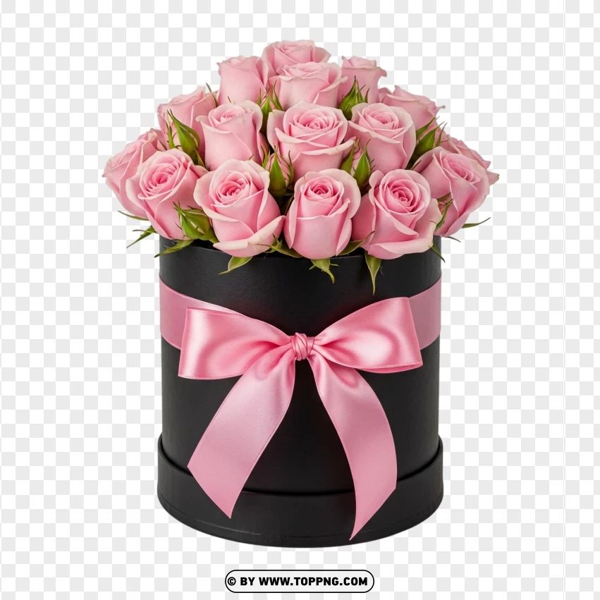 Pink Roses In Black Gift Box Love Theme PNG Transparent Background