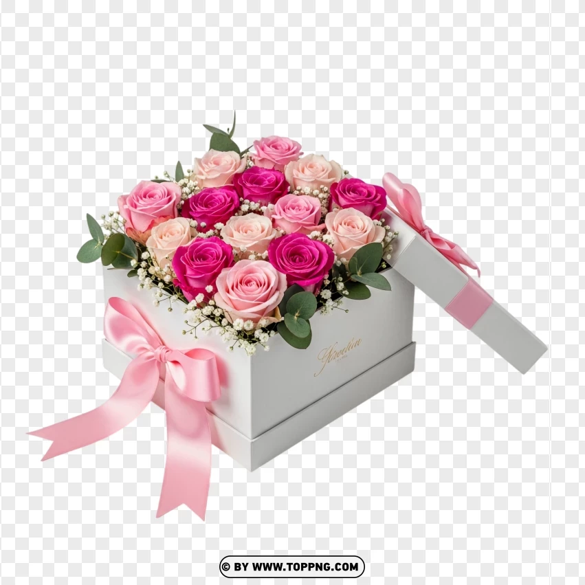 Pink Roses In White Square Box Love Gift PNG Transparent Background