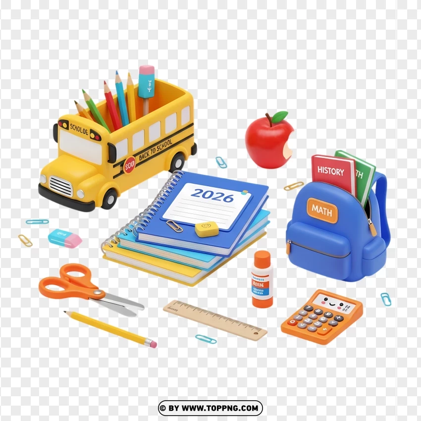 Pixar Quality 3d Back To School 2026 Stationery Scene PNG Transparent Background