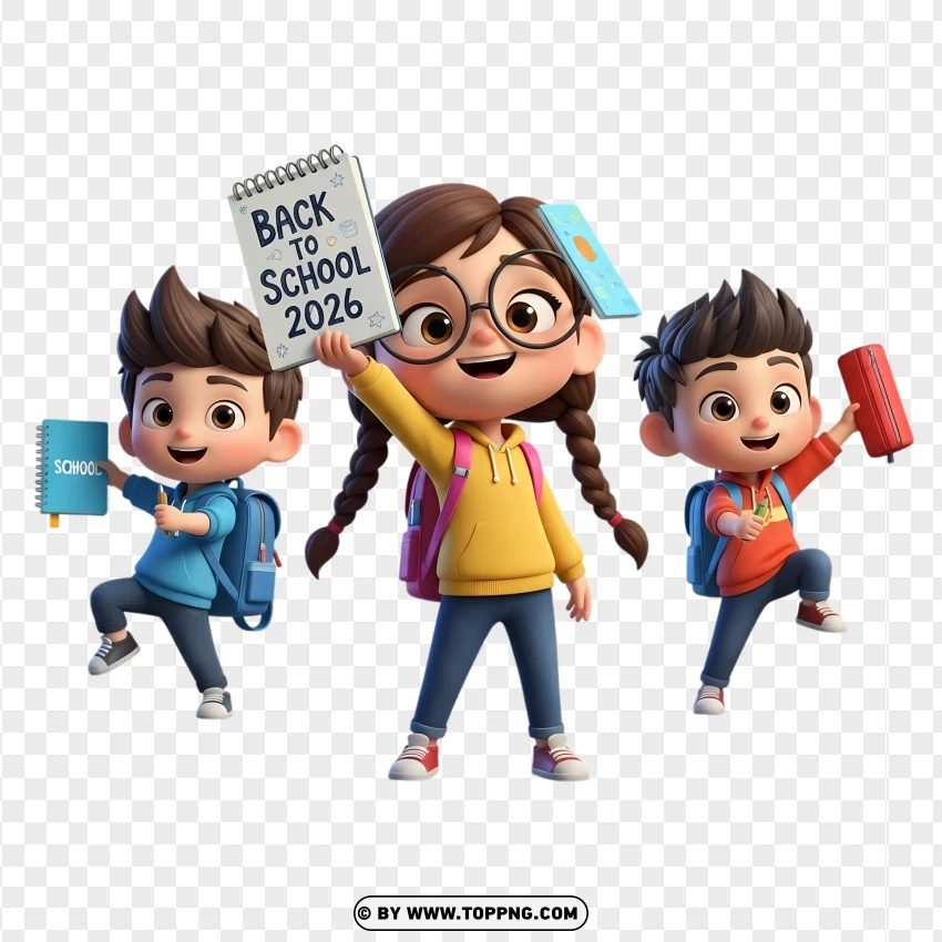 Pixar Style Chibi Kids Illustration For Back To School 2026 PNG Transparent Background