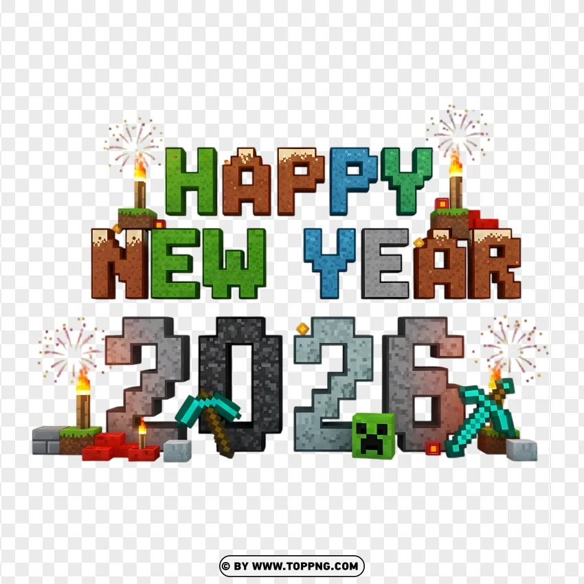 Minecraft Block Style 2026 New Year Typography PNG Transparent Background