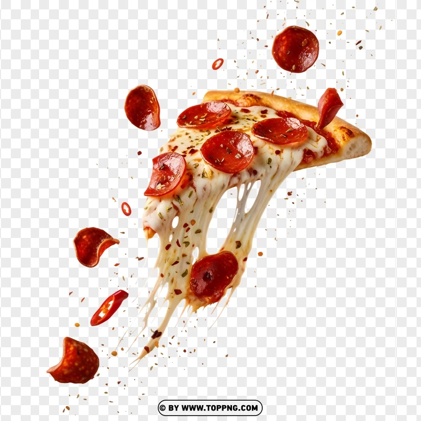 Pizza Slice In Motion With Melting Cheese PNG Transparent Background