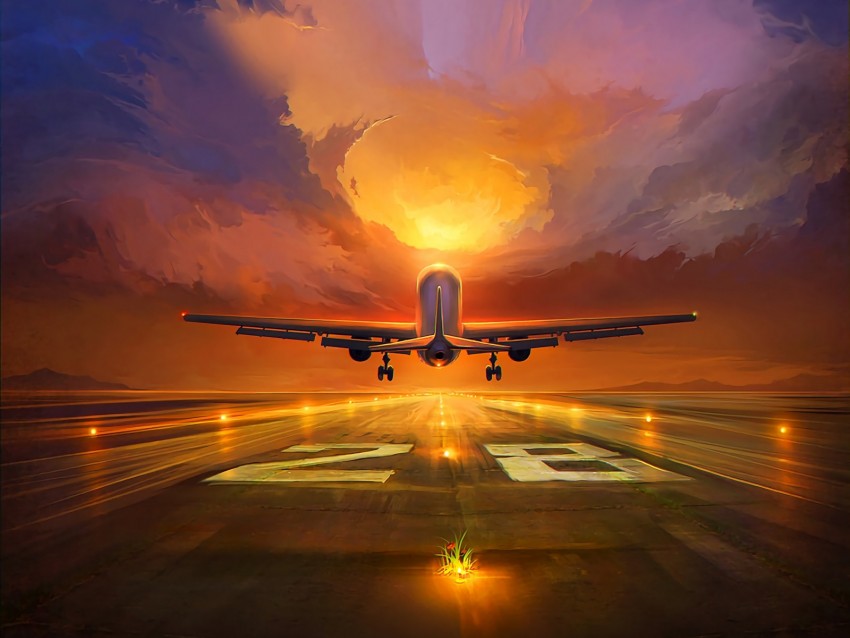 plane, runway, art, sunset, sky