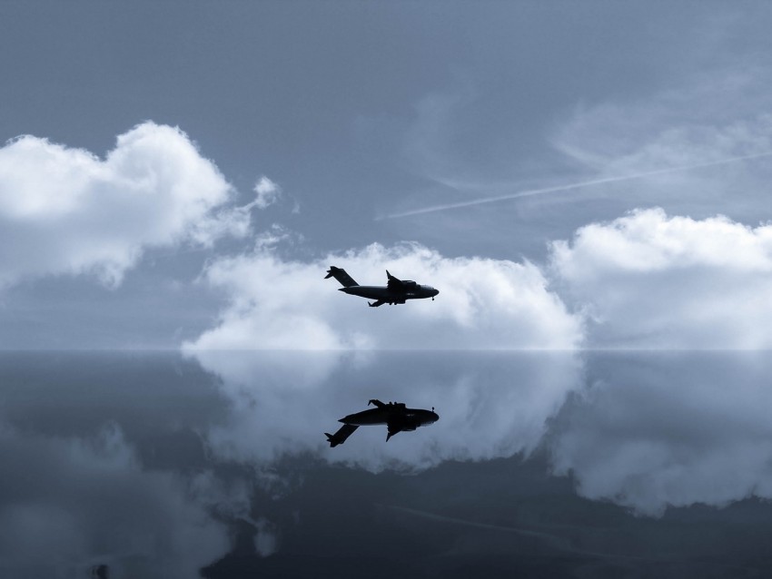 plane, sky, reflection, clouds, flight, mirror