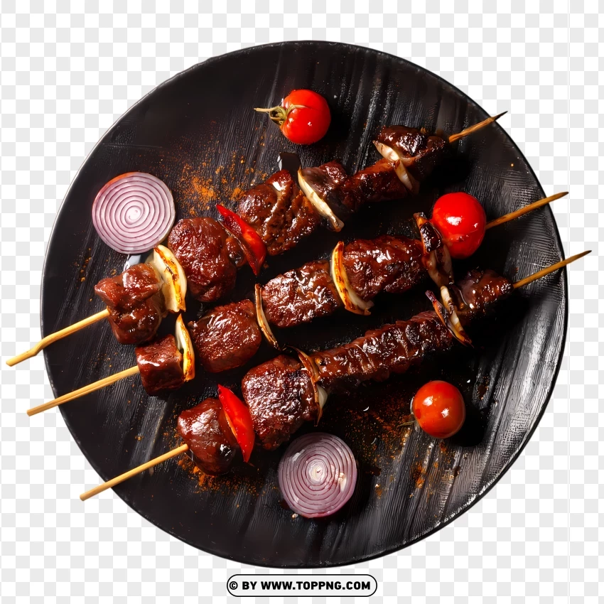 Plate Of Spicy Beef Skewers With Onion And Tomato PNG Transparent Background