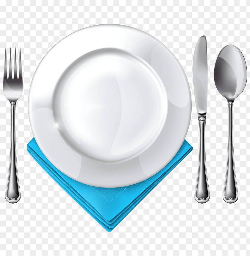 blue, fork, knife, napkin, plate, spoon