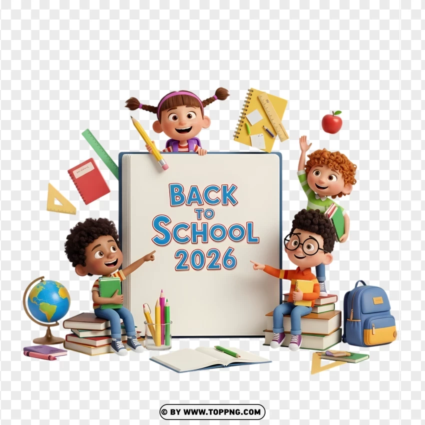 Playful 3d Kids With Books And Back To School 2026 Text PNG Transparent Background