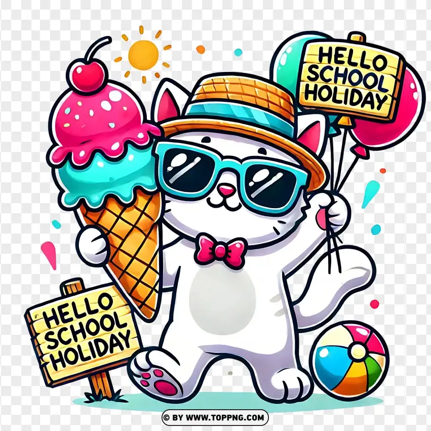 Playful Cat With Ice Cream And Sunglasses Hello School Holiday Clipart PNG Transparent Background