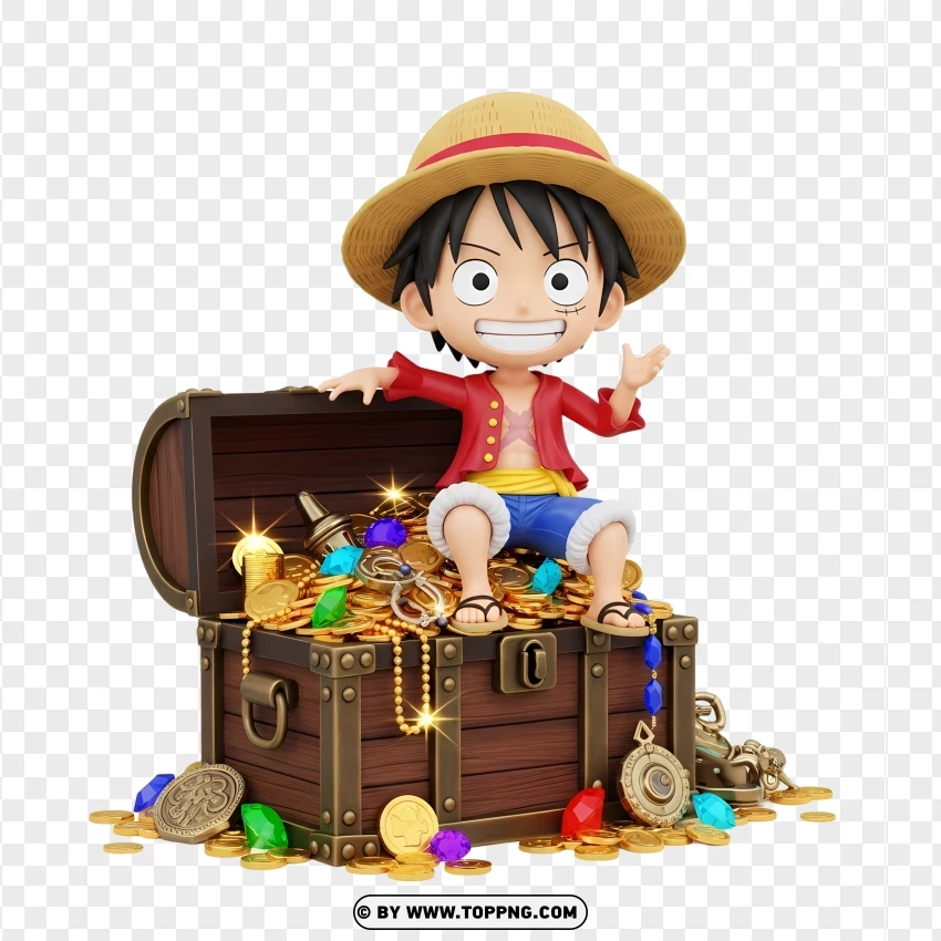 Playful Chibi Luffy Sitting On Treasure Chest PNG Transparent Background