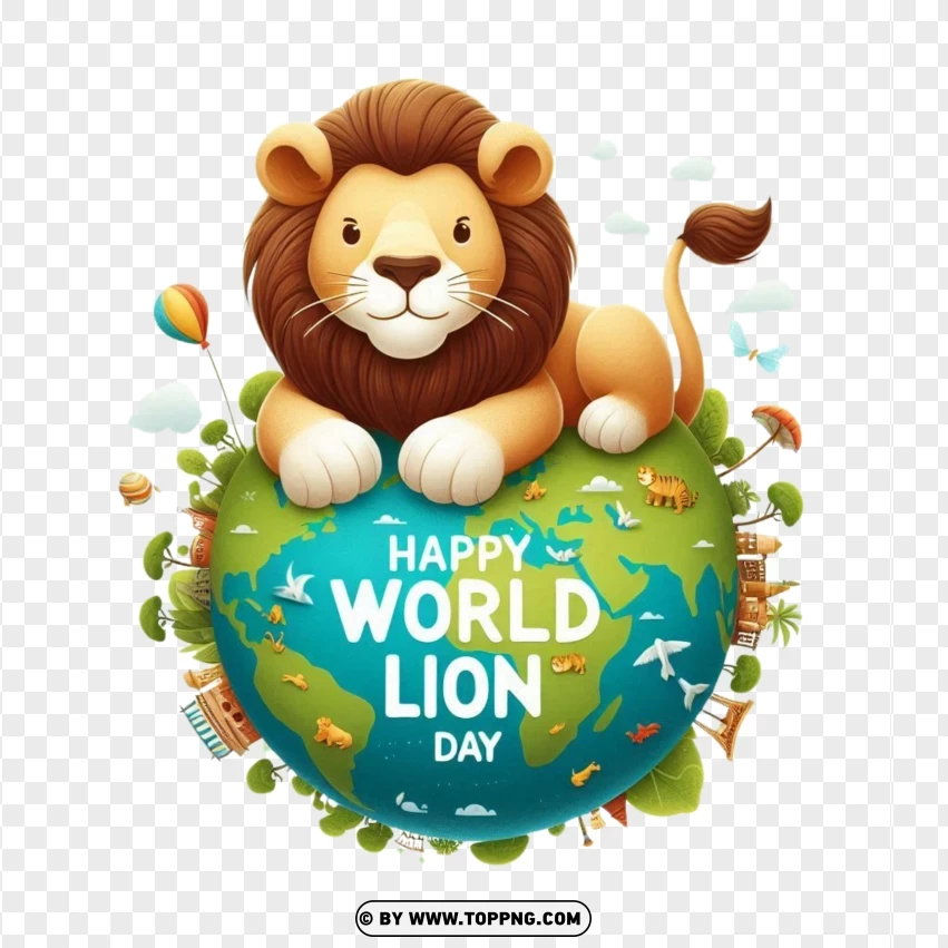 Playful Lion On Globe Design With Happy World Lion Day PNG Transparent Background