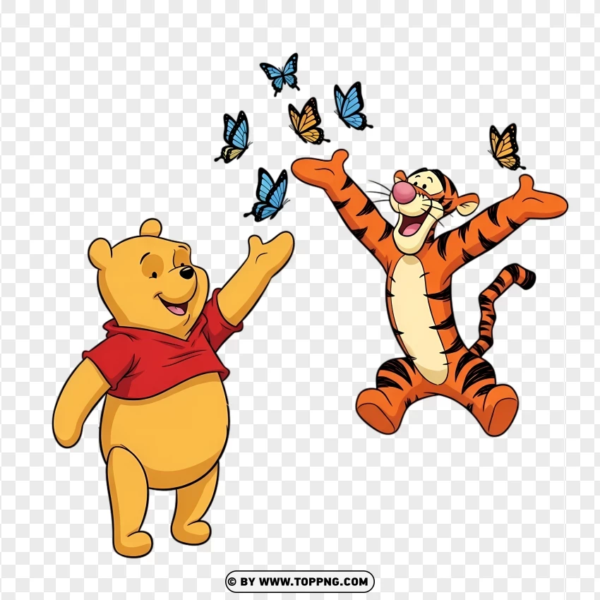 Playful Pooh And Tigger Chasing Butterflies PNG Transparent Background