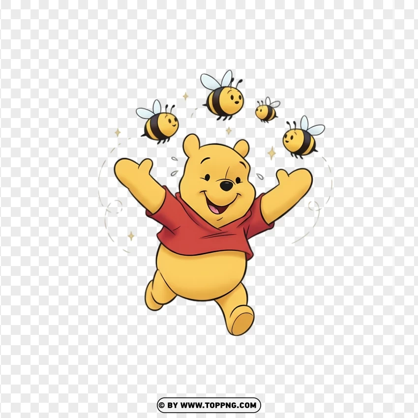 Playful Pooh Bear Chasing Buzzing Bees PNG Transparent Background
