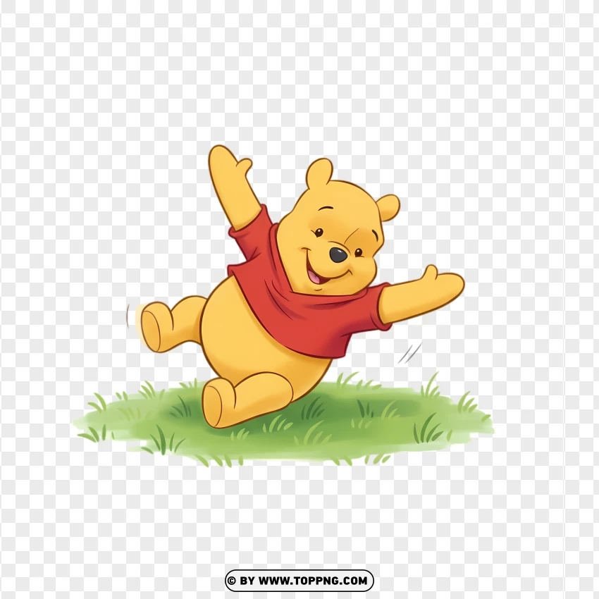 Playful Pooh Bear Rolling On Grass Pose PNG Transparent Background