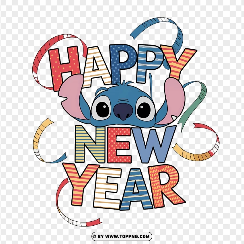 Playful Stitch With Happy New Year Confetti For 2025 PNG Transparent Background