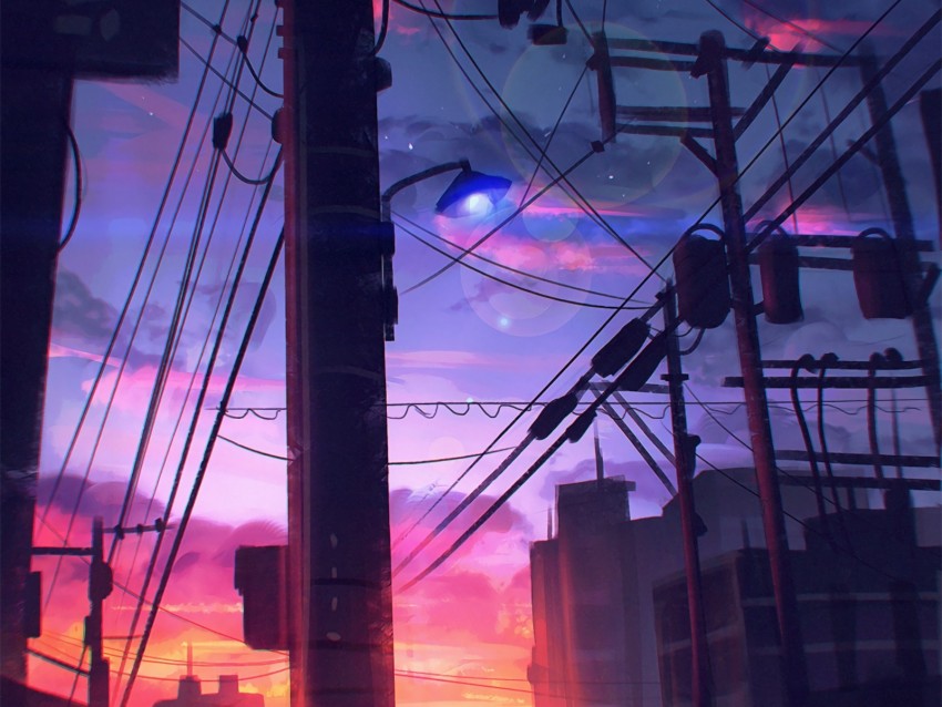 poles, wires, art, twilight, sky