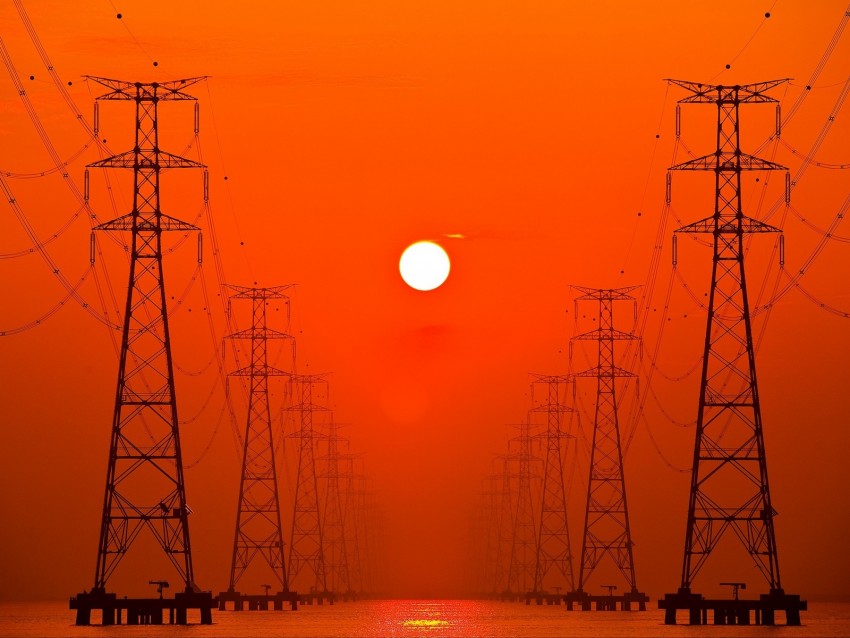 poles, wires, sunset, power lines, high-voltage lines