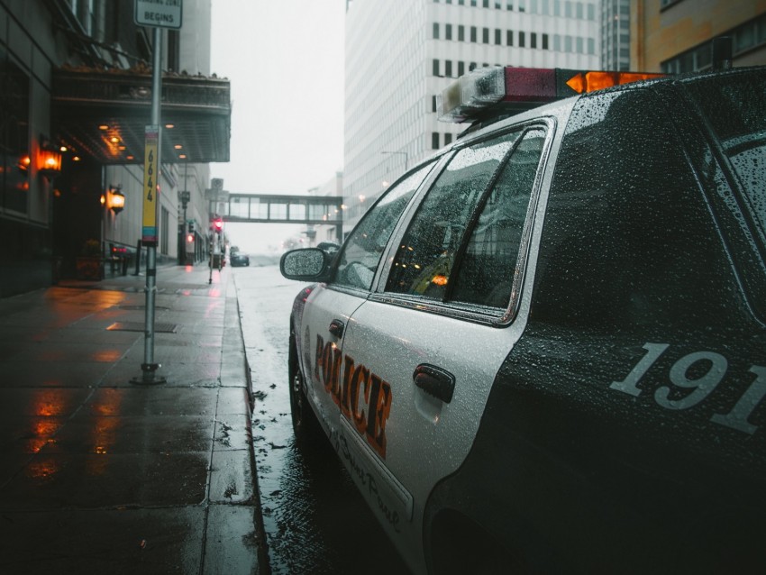 police, car, street, city, rain