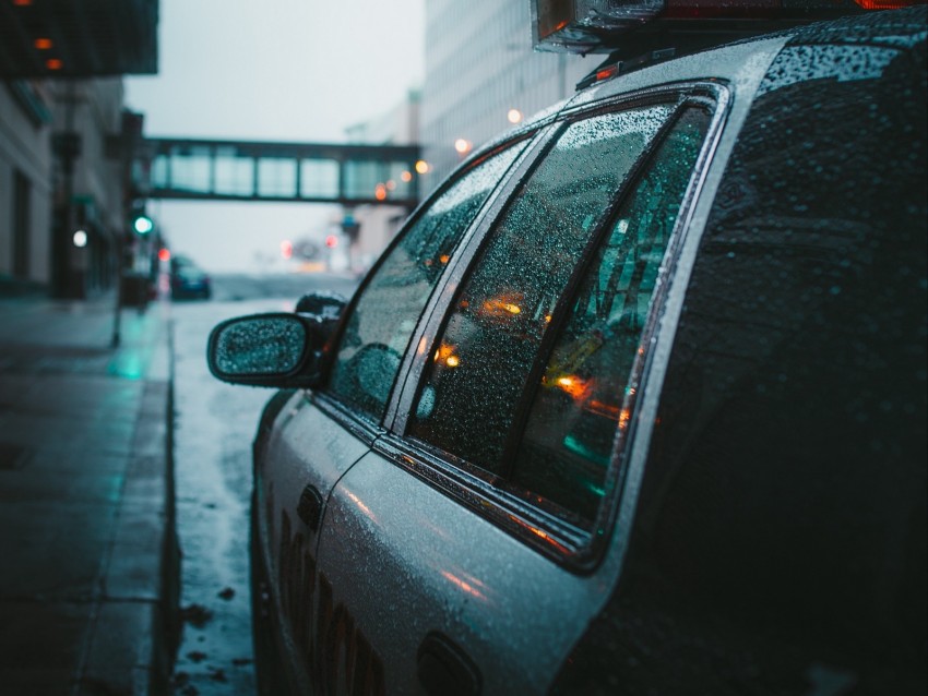 police, car, street, city, rain, fog