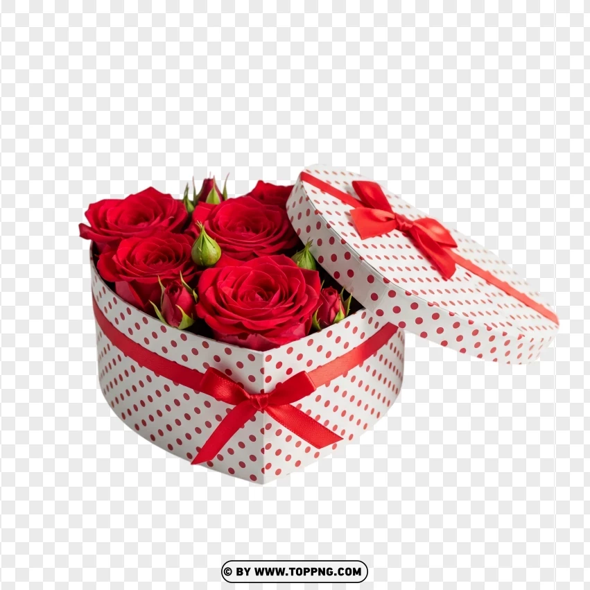 Polka Dot Heart Box With Red Roses PNG Transparent Background