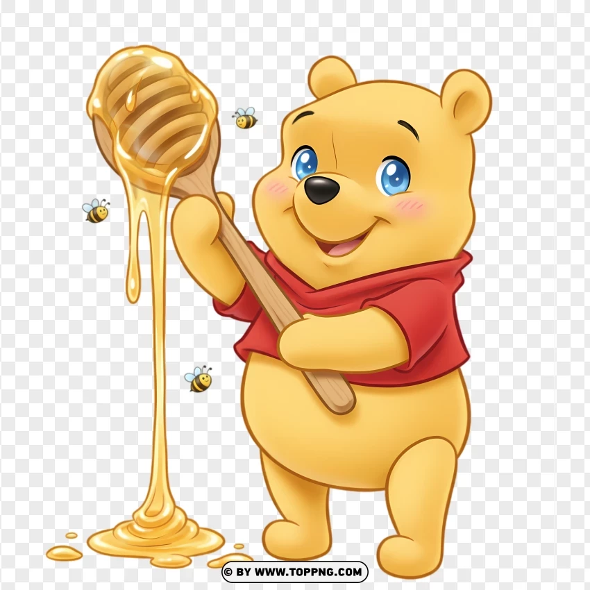 Pooh Bear Holding Honey Spoon Kawaii Style PNG Transparent Background