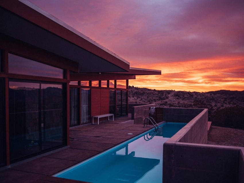 pool, balcony, rest, sunset