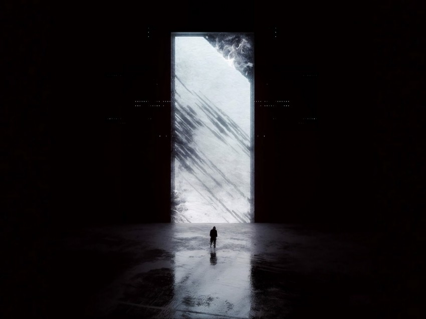 portal, silhouette, dark, glow, reflection, gloom