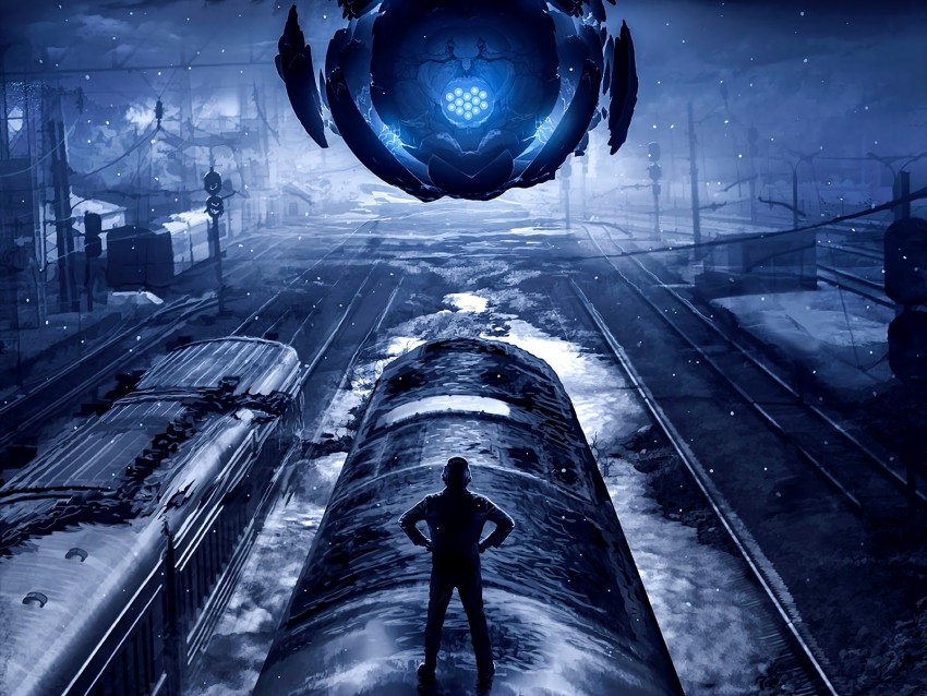 portal, train, silhouette, railway, cyberpunk, art