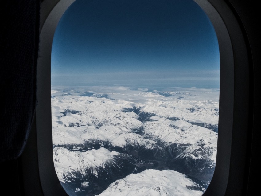 porthole, airplane window, mountains, aerial view, flight, sky, peaks