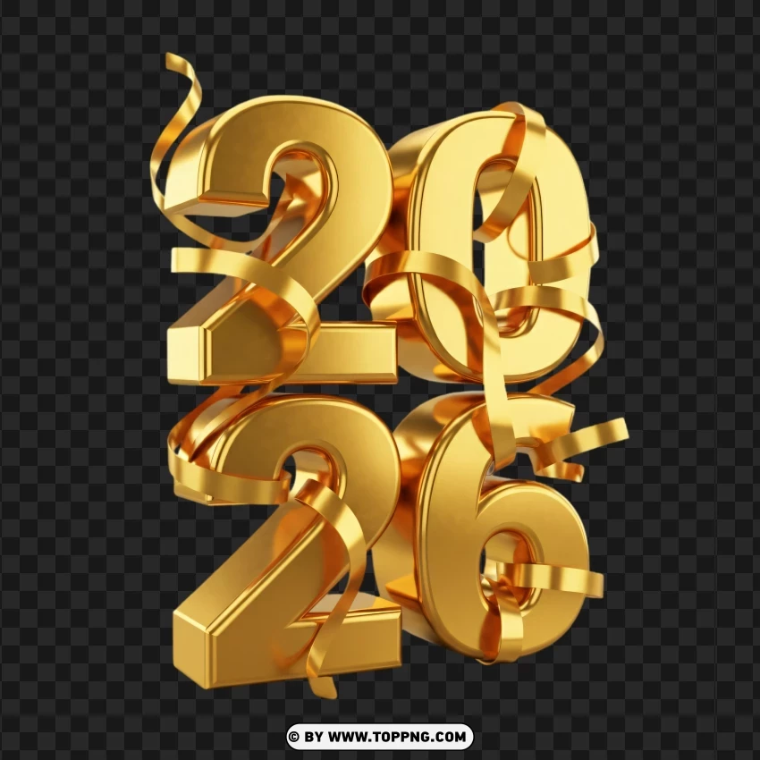 Premium 2026 Gold Typography With Ribbon Effects PNG Transparent Background