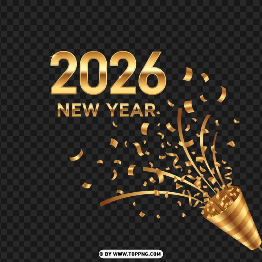 Premium 2026 New Year Design With Gold Confetti And Popper PNG Transparent Background
