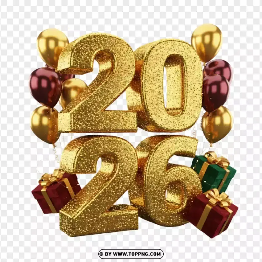Premium 3d 2026 Glitter Numbers With Elegant Gift Boxes PNG Transparent Background