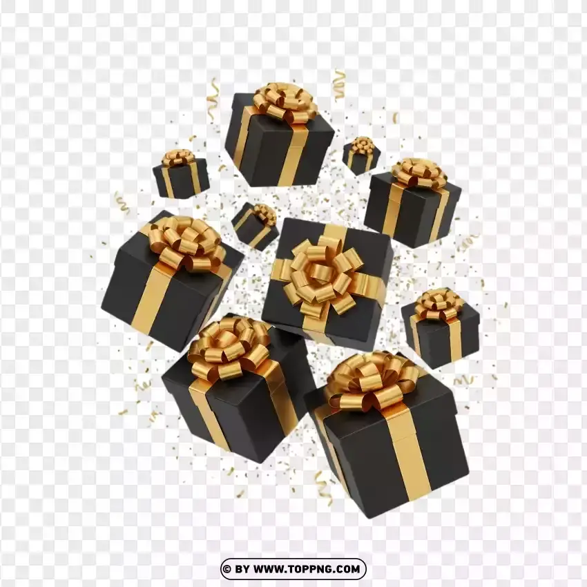 Premium Gold Ribbon Gift Boxes And Falling Confetti PNG Transparent Background