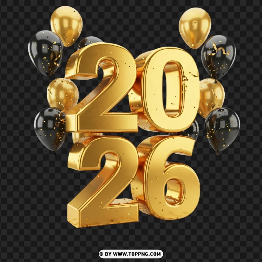 Premium Golden 2026 Typography With Party Balloons PNG Transparent Background