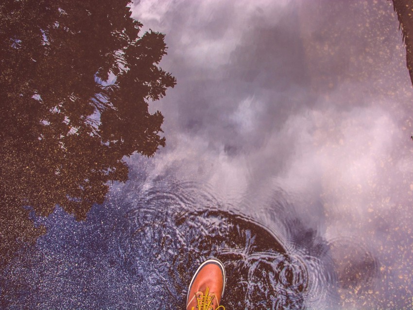 puddle, foot, boot, reflection, water