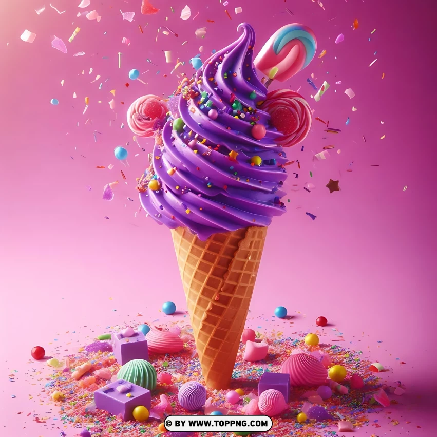 Purple Soft-serve Ice Cream Cone With Colorful Sprinkles On A Pink PNG Transparent Background