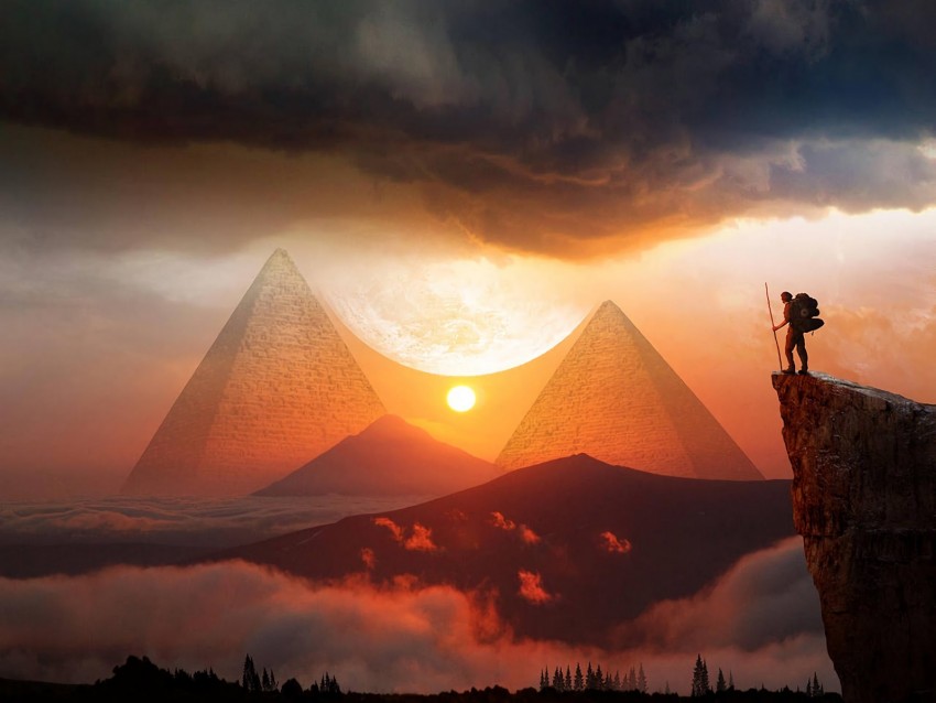 pyramids, sunset, landscape, hills, clouds, travel