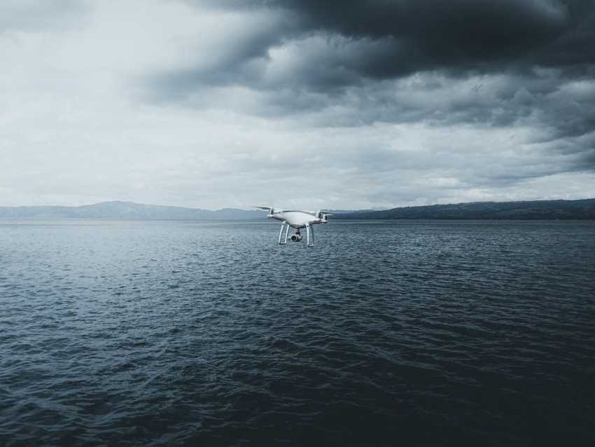 quadcopter, drone, quadrotor helicopter, quadrotor, sea, fog, clouds