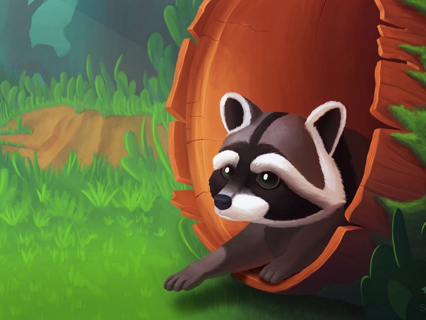 raccoon, art, tree, grass