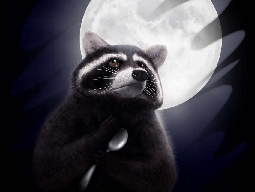 raccoon, moon, spoon, art, funny