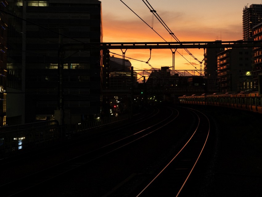 railroad, rails, dark, city, dusk