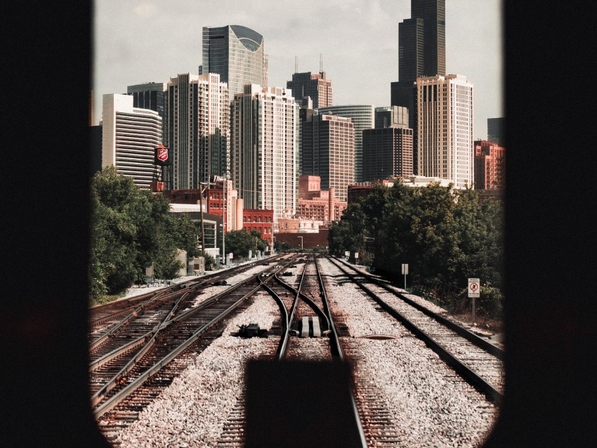 rails, railway, city, buildings, architecture